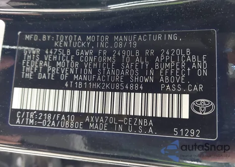 2019 Toyota Camry Le z USA, uszkodzony, nr VIN 4T1B11HK2KU854884